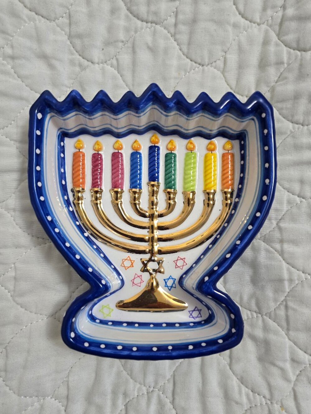 Menorah Shaped Candy Bowl Susan Fischer Weis Design Rainbow Design Ceramic Dish.